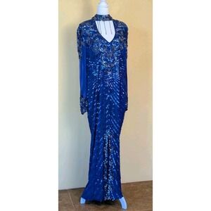 Vintage NiteLine Blue Silk Beaded Sequin Gown Maxi Formal Dress Sz 18